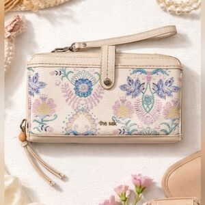 The Sak Floral Print Wristlet Wallet Cream Blue Purple Boho